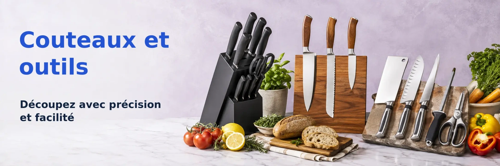 Blocs de couteaux, couteaux de cuisine, couperet, ciseaux et planche à découper.