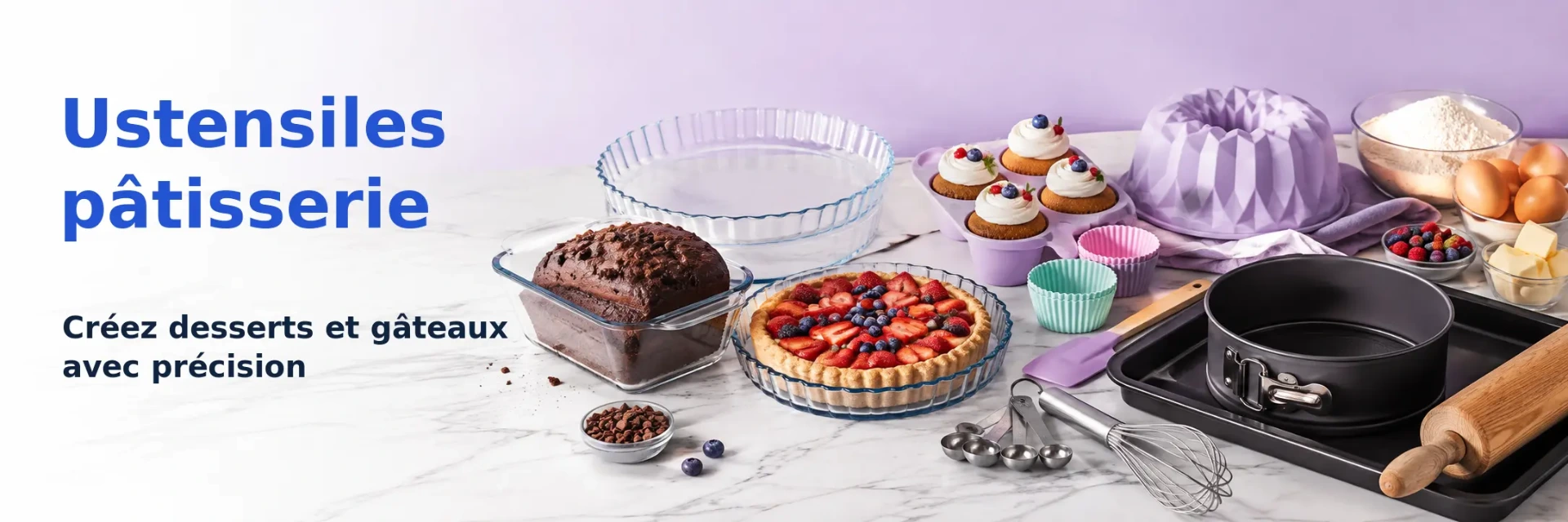 Moules à gâteau, moules à tarte, caissettes, rouleau et accessoires de pâtisserie.