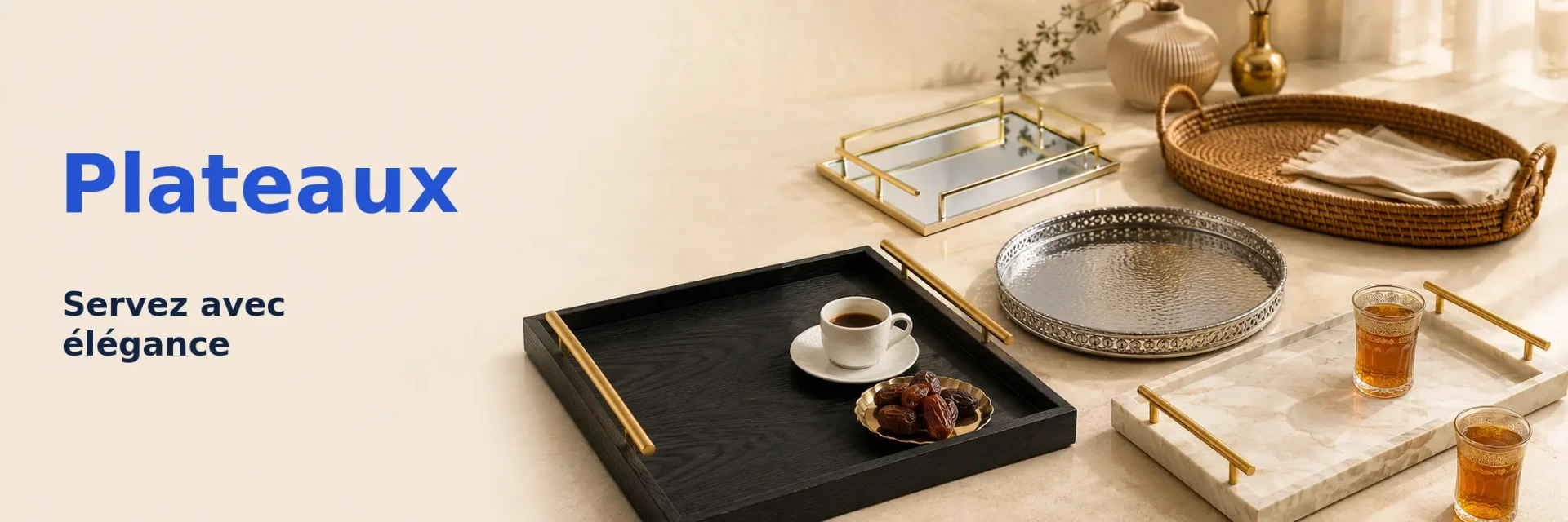 Plateaux de service en bois, métal, miroir et finition marbre avec café et thé.