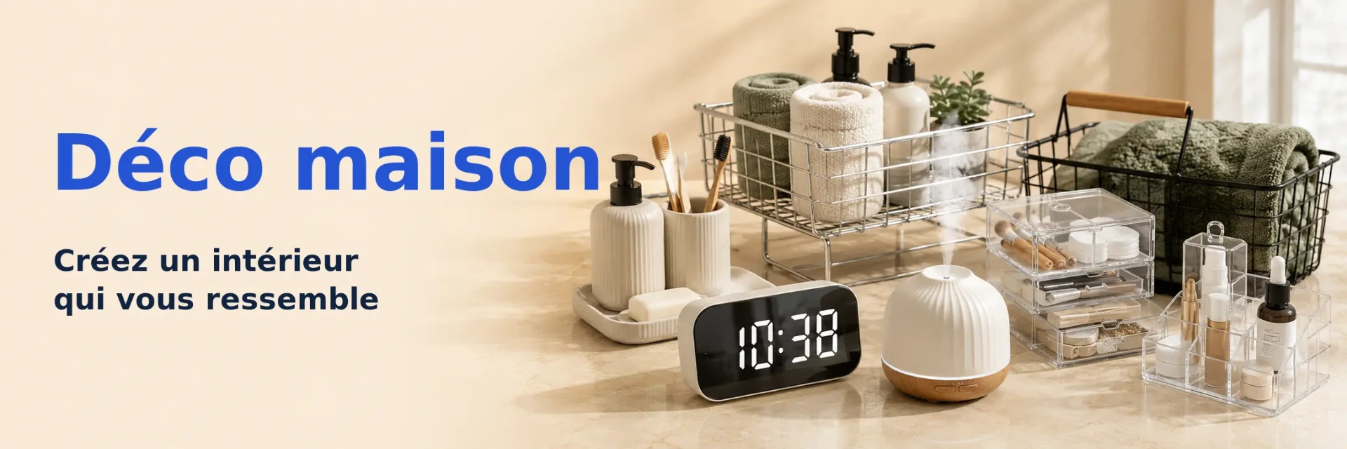 Accessoires de salle de bain, rangements, réveil LED et diffuseur dans un intérieur décoré.