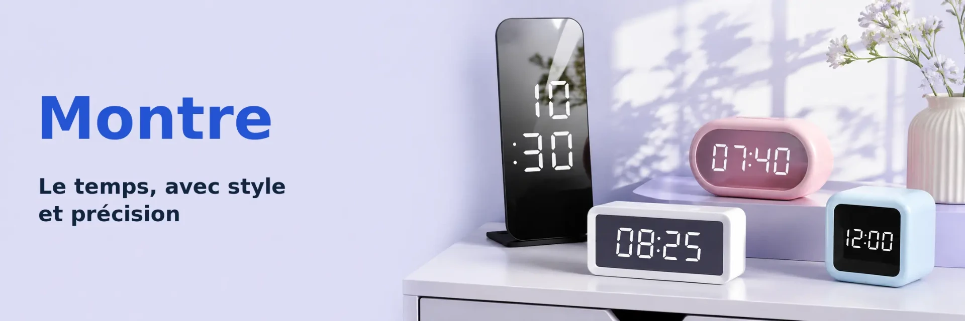Quatre réveils et horloges numériques LED de formats différents.