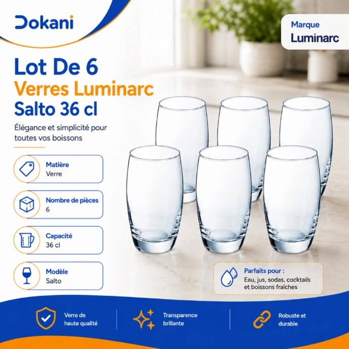 Lot de 6 verres Luminarc Salto 36 cl transparents avec fond lourd - Dokani Tunisie