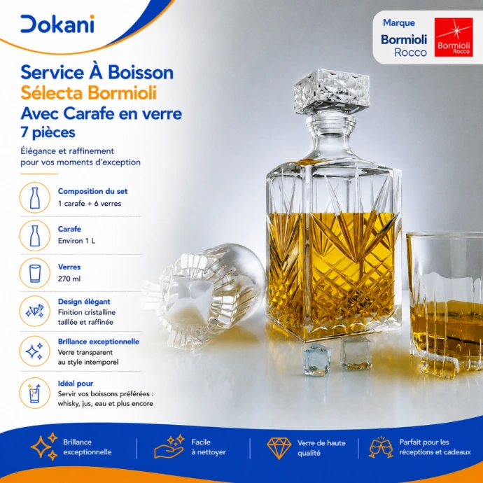 Service Sélecta Bormioli Rocco en verre avec carafe 1 L et 6 verres 270 ml - Dokani Tunisie