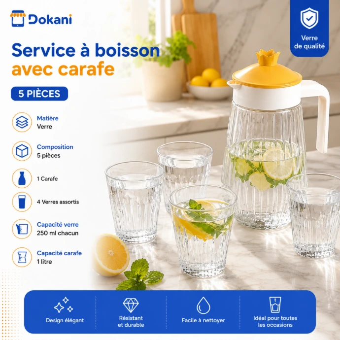 Service à boisson 5 pièces en verre transparent avec carafe 1 litre et 4 verres 250 ml - Dokani Tunisie