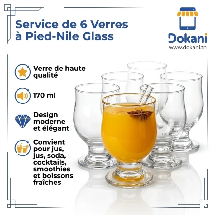 Service de 6 verres à pied Nile Glass 170 ml en verre transparent - Dokani Tunisie