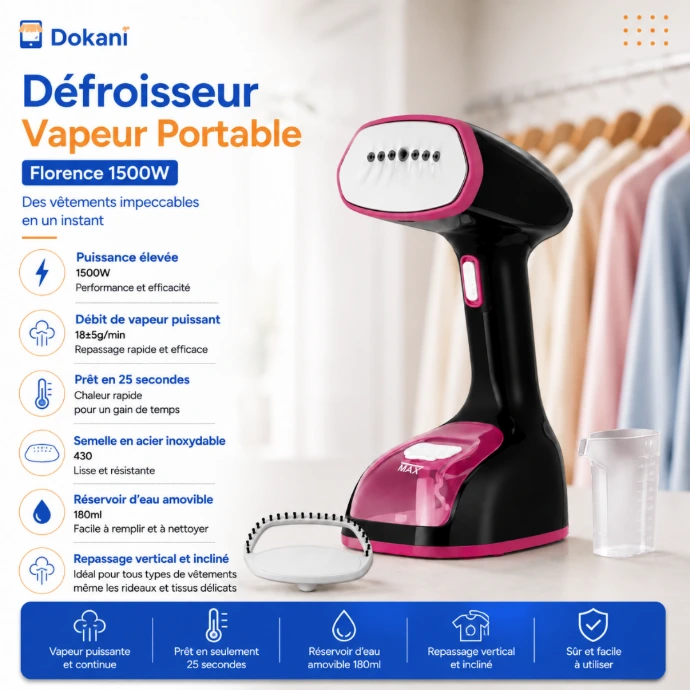 Défroisseur vapeur portable Florence HK483 noir 1500W avec réservoir 180 ml - Dokani Tunisie