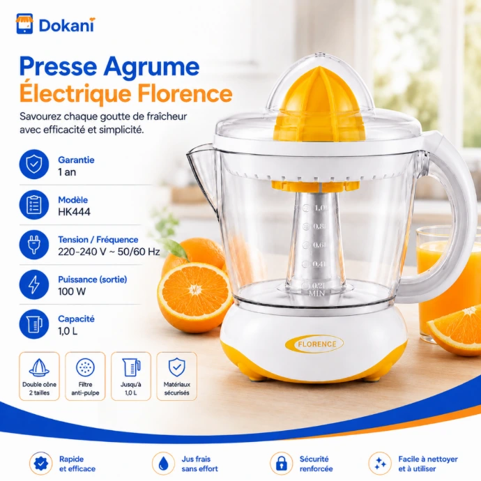 Presse-agrumes électrique Florence HK444 1 L 100W jaune avec deux cônes de pressage - Dokani Tunisie