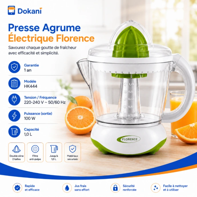 Presse-agrumes électrique Florence HK444 1 L 100W avec deux cônes de pressage - Dokani Tunisie