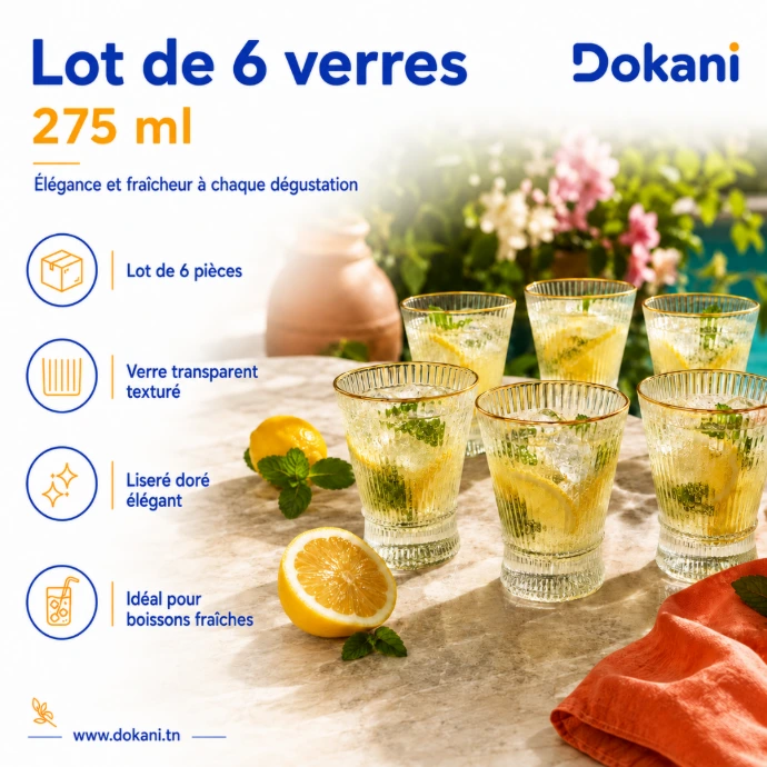 Lot de 6 verres 275 ml transparents striés avec bordure dorée - Dokani Tunisie