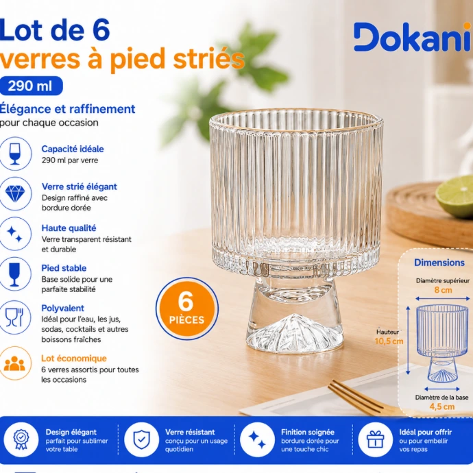Lot de 6 verres à pied striés 290 ml en verre transparent avec pied court décoratif - Dokani Tunisie