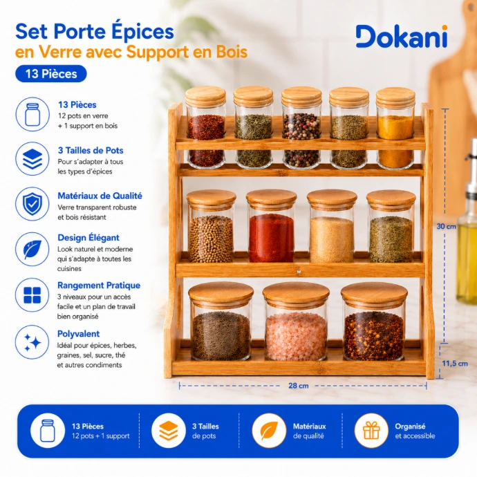 Porte-épices 13 pièces avec 12 pots en verre et support en bois à 3 paliers - Dokani Tunisie