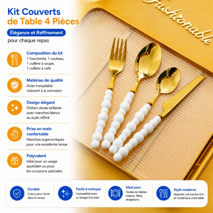 Kit couvert de table 4 pièces inox doré avec manches blancs en résine - Dokani Tunisie