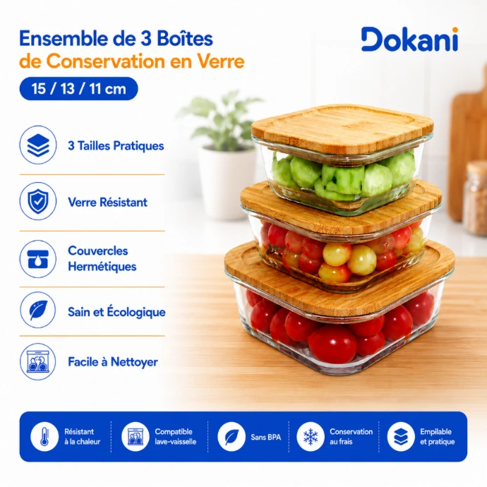 Ensemble de 3 boîtes de conservation en verre borosilicate avec couvercles hermétiques en bois - Dokani Tunisie