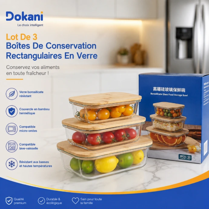 Lot de 3 boîtes de conservation rectangulaires en verre borosilicate avec couvercles hermétiques en bois - Dokani Tunisie
