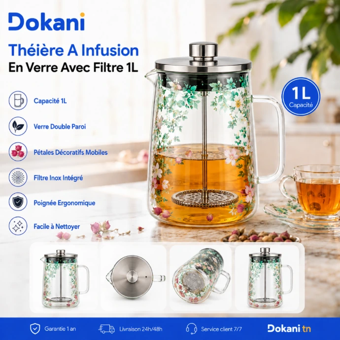 Théière à infusion en verre double paroi 1 L avec filtre intégré et pétales décoratifs mobiles - Dokani Tunisie