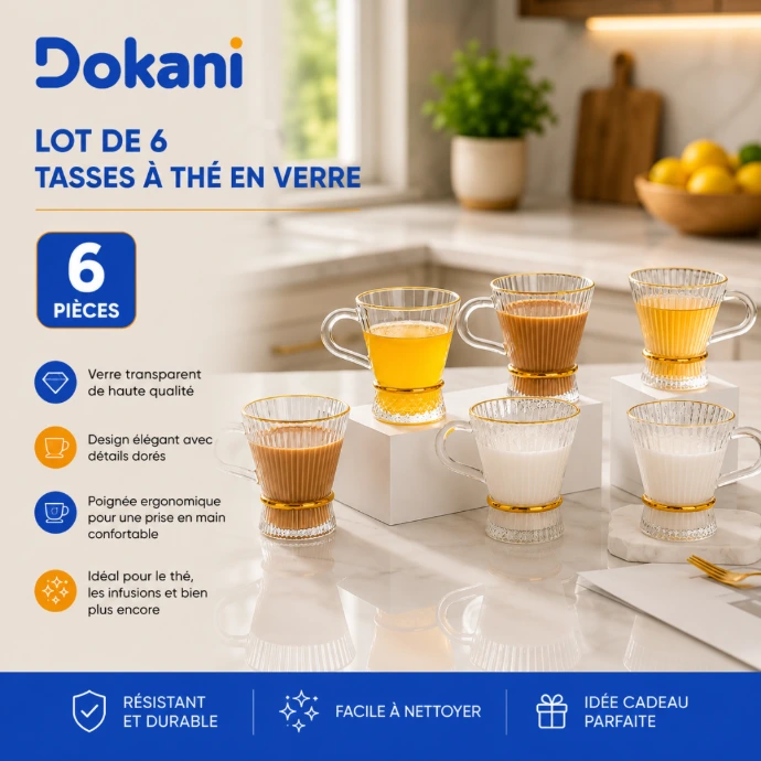 Lot de 6 tasses à thé en verre strié 200 ml avec bordure dorée - Dokani Tunisie