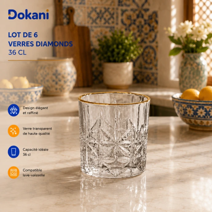 Lot de 6 verres Diamonds 36 cl en verre transparent strié avec bordure dorée - Dokani Tunisie