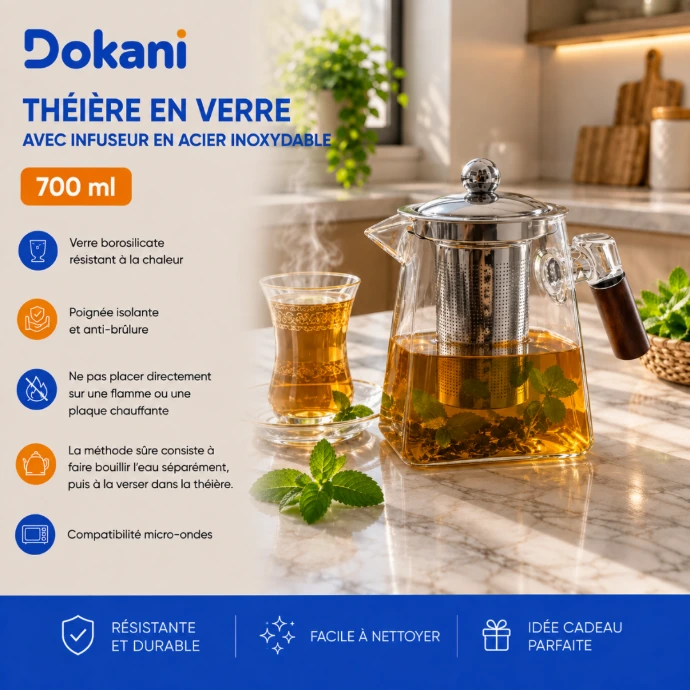 Théière en verre borosilicate 700 ml avec infuseur en acier inoxydable et poignée en bois - Dokani Tunisie