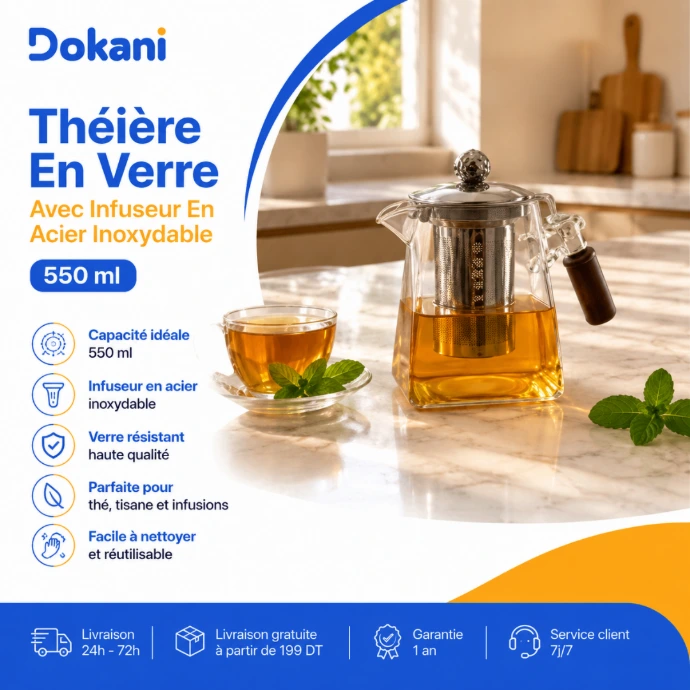 Théière en verre borosilicate 550 ml avec infuseur en acier inoxydable et poignée en bois - Dokani Tunisie