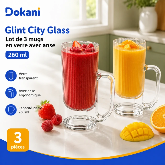 Lot de 3 mugs en verre Glint City Glass 260 ml transparents striés avec anse - Dokani Tunisie