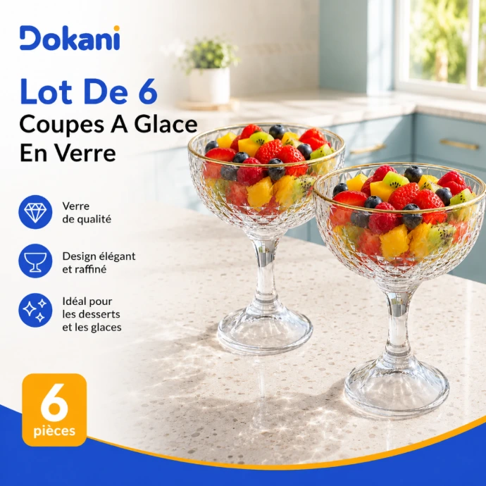 Lot de 6 coupes à glace en verre 200 ml effet cristal taillé avec bordure dorée - Dokani Tunisie