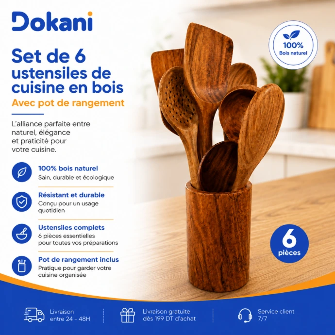 Set de 6 ustensiles de cuisine en bois avec cuillères spatules et pot de rangement - Dokani Tunisie