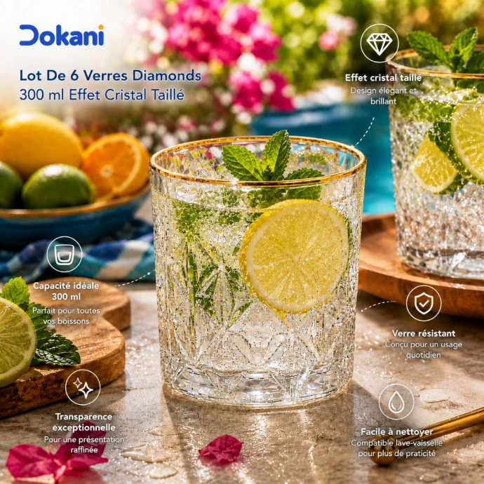 Lot de 6 verres Diamonds 300 ml en verre transparent effet cristal taillé avec bordure dorée - Dokani Tunisie