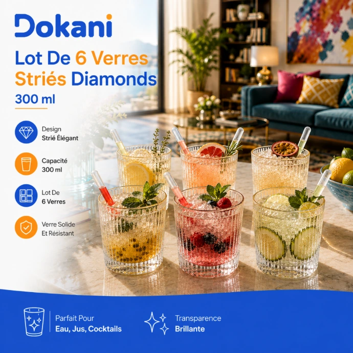 Lot de 6 verres Diamonds 300 ml en verre transparent finition striée avec bordure dorée - Dokani Tunisie