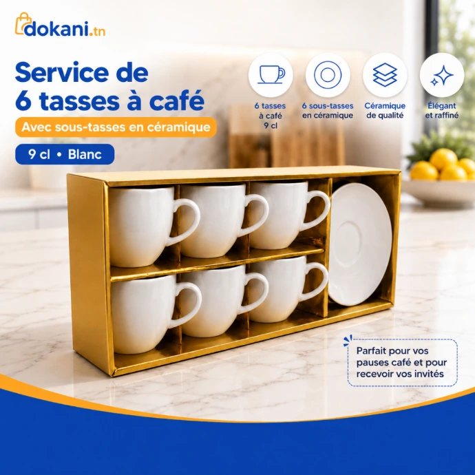 Service de 6 tasses à café en céramique blanche 9 cl avec 6 sous-tasses - Dokani Tunisie