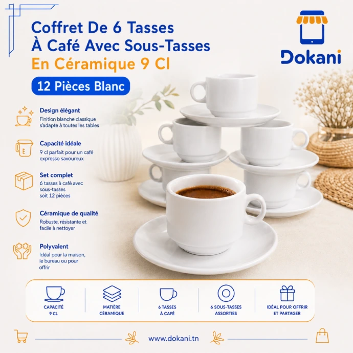 Coffret De 6 Tasses A Café Avec Sous-Tasses En Céramique 9 Cl – 12 Pièces Blanc- Dokani Tunisie