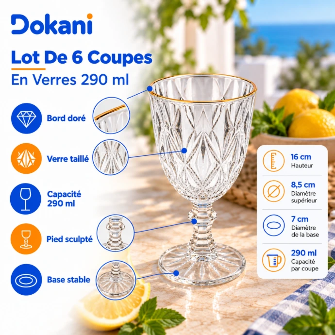 Lot de 6 verres à pied 290 ml effet cristal taillé avec bordure dorée - Dokani Tunisie