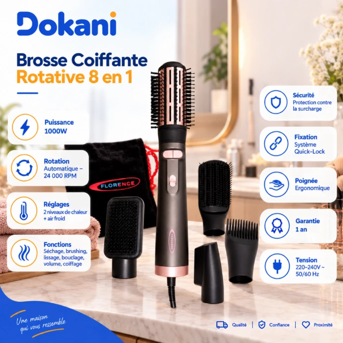 Brosse coiffante rotative 8en1 Florence de 1000W avec ses 8 embouts interchangeables, son systeme de fixation Quick-Lock et ses boutons de reglage thermique.