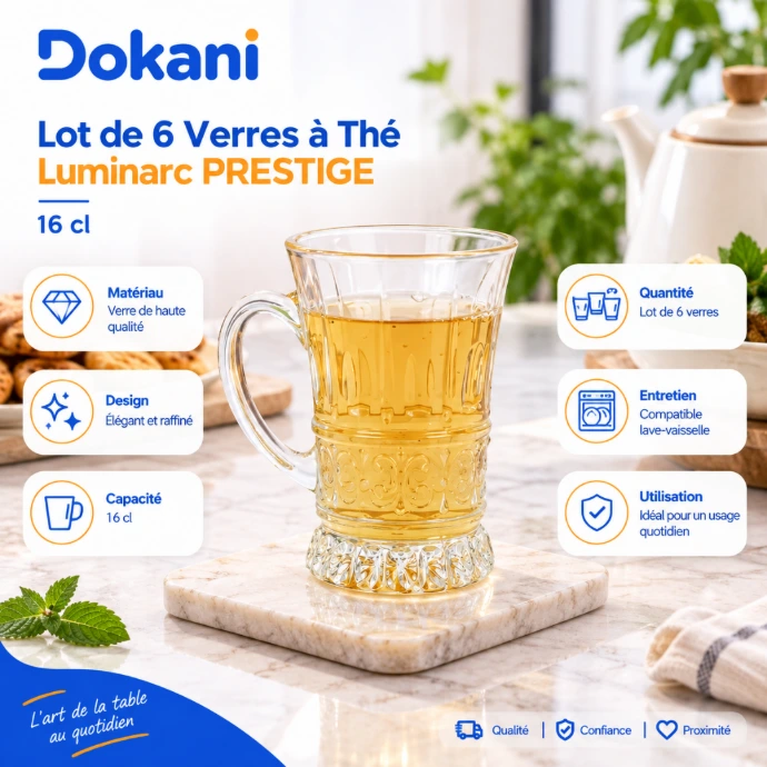 Lot de 6 verres à thé Luminarc Prestige 16 cl en verre transparent résistant - Dokani Tunisie