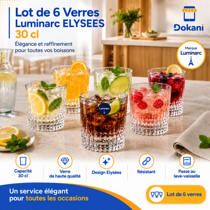 Lot de 6 verres Luminarc Elysées 30 cl en verre fabriqués en France - Dokani Tunisie