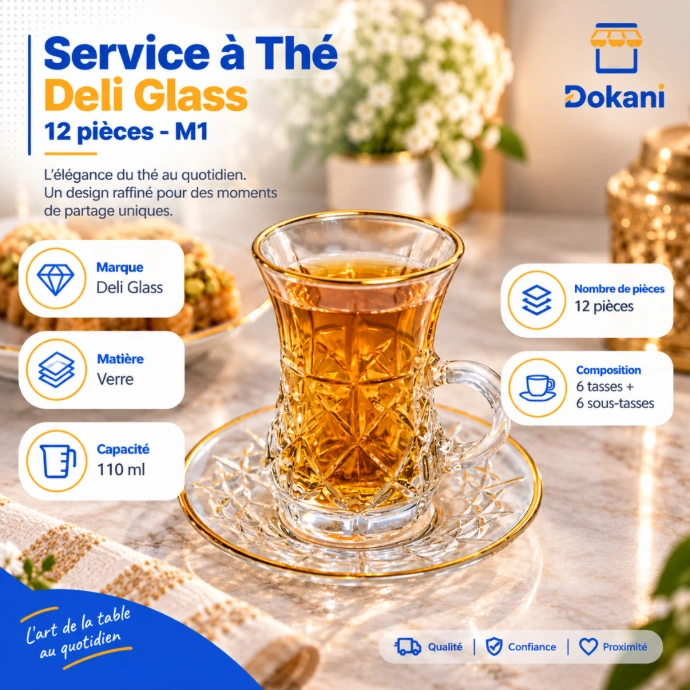 Service à thé Deli Glass M1 12 pièces avec 6 tasses en verre 110 ml et 6 sous-tasses - Dokani Tunisie