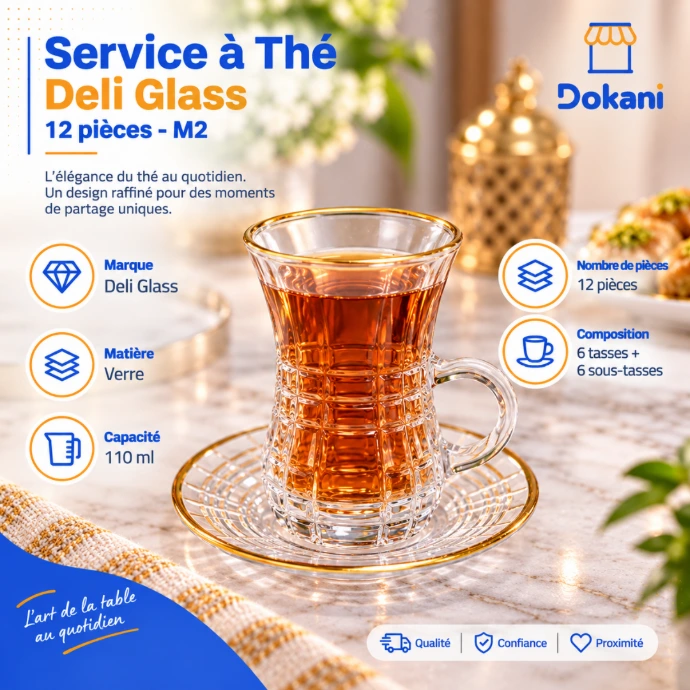 Service à thé Deli Glass M2 12 pièces avec 6 tasses en verre 110 ml et 6 sous-tasses - Dokani Tunisie