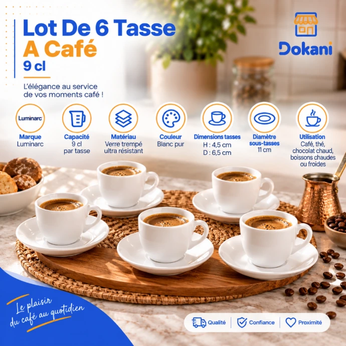 Lot de 6 tasses à café Luminarc blanc 9 cl en verre trempé avec 6 sous-tasses - Dokani Tunisie