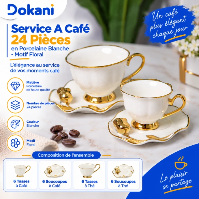 Service à café en porcelaine 24 pièces blanc avec motif floral pour 6 personnes - Dokani Tunisie