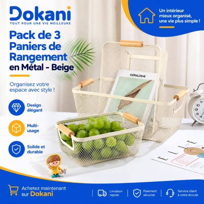 Pack de 3 Paniers de Rangement en Métal - Beige