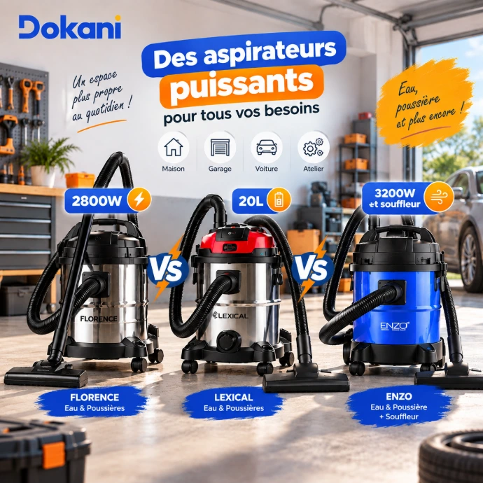 Comparatif aspirateur eau poussière Florence Lexical Enzo Tunisie 2026