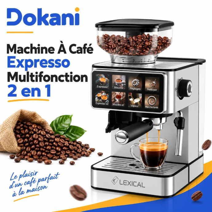 Machine à café expresso Lexical 2 en 1 1350W avec moulin intégré 20 bars et écran tactile LED - Dokani Tunisie