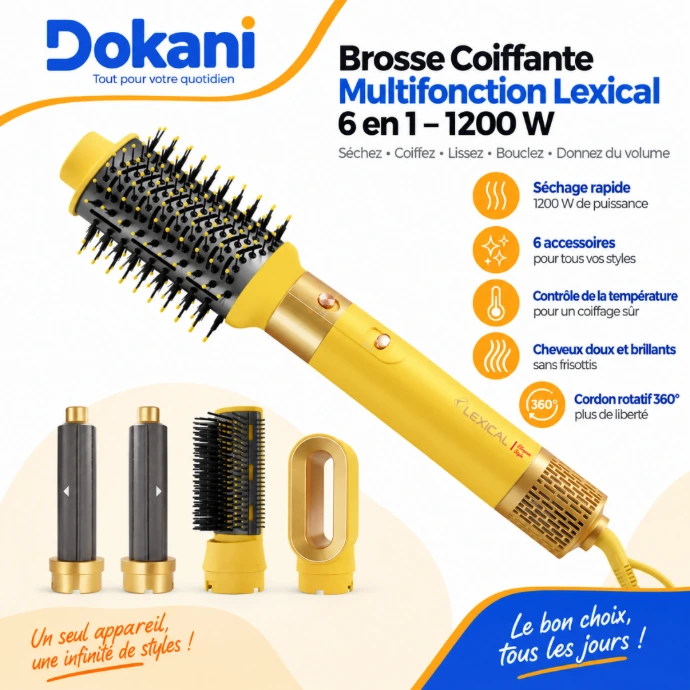 Brosse coiffante multifonction Lexical 6 en 1 jaune 1200W avec brosses et fers à boucler - Dokani Tunisie