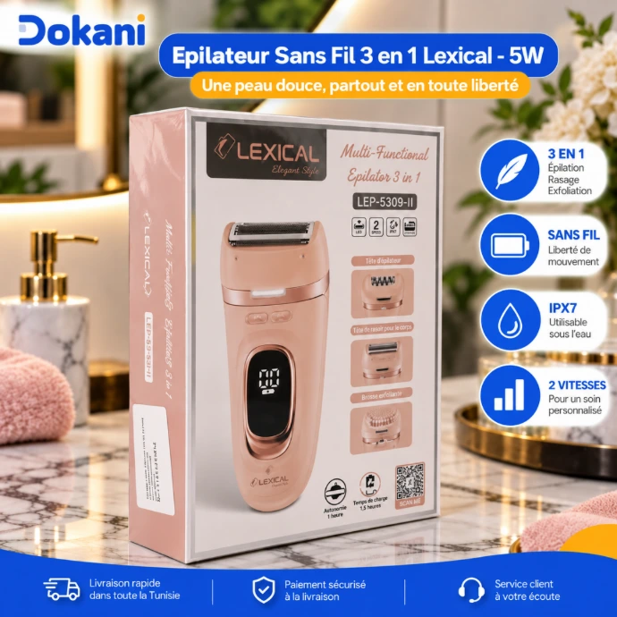 Épilateur sans fil Lexical 3 en 1 rose avec tête épilateur rasoir et brosse exfoliante - Dokani Tunisie