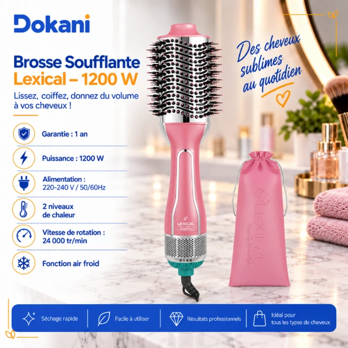 Brosse soufflante Lexical LHD-5081 rose 1200W 24 000 RPM avec fonction air froid - Dokani Tunisie