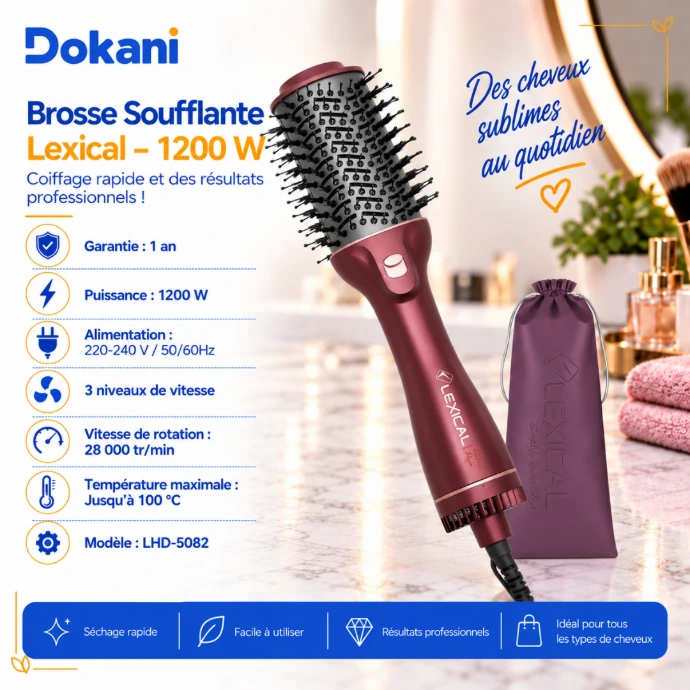 Brosse soufflante Lexical LHD-5082 Bordeaux 1200W 28 000 RPM avec 3 niveaux de vitesse - Dokani Tunisie