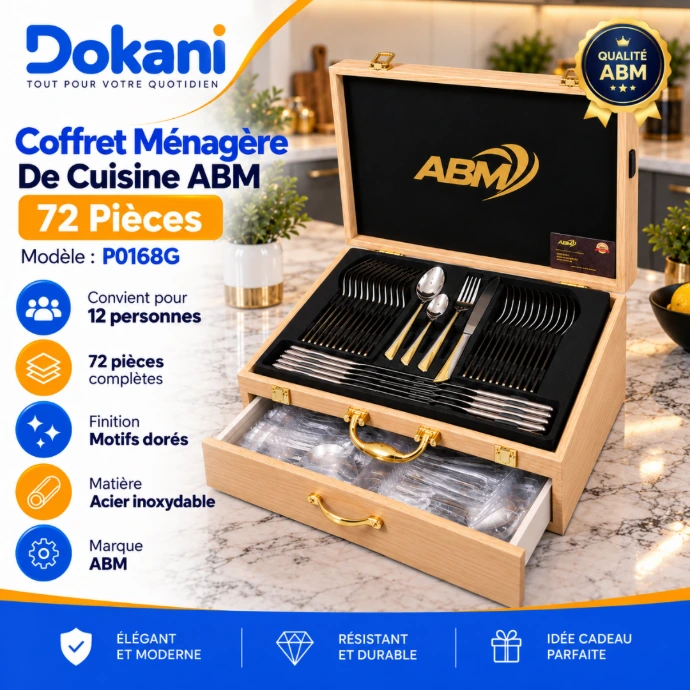 Ménagère ABM P0168G 72 pièces en inox pour 12 personnes avec coffret de rangement