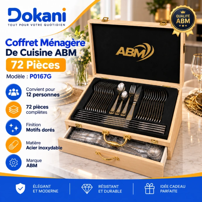 Ménagère ABM P0167G 72 pièces en inox pour 12 personnes avec coffret de rangement