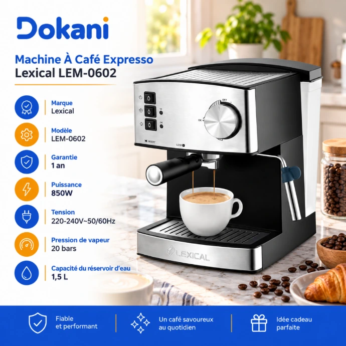 Machine à café expresso Lexical LEM-0602 850W 20 bars avec réservoir 1,5 L et buse à mousse