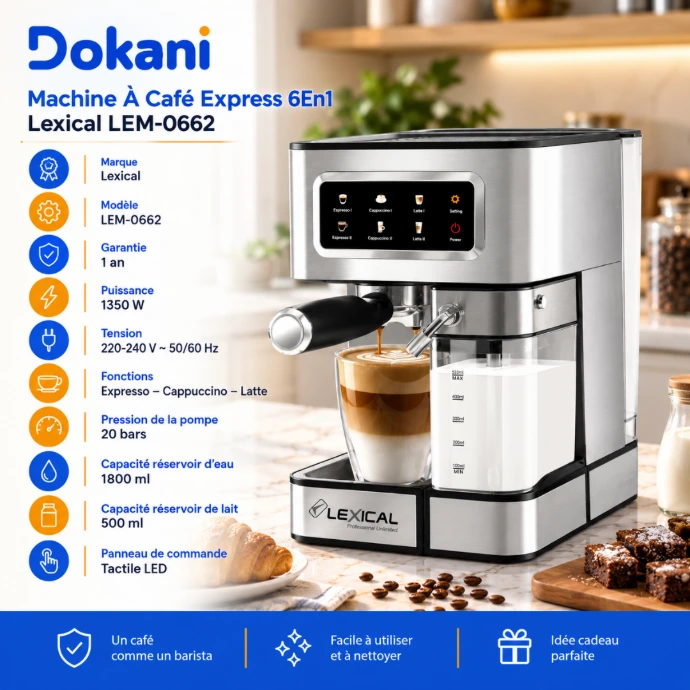 Machine à café Lexical LEM-0662 6 en 1 20 bars 1350W pour espresso cappuccino et latte