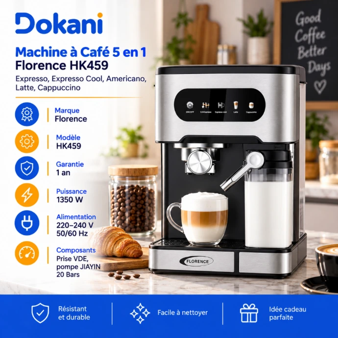 Machine à café Florence HK459 5 en 1 20 bars 1350W avec écran tactile, réservoir à lait et porte-capsules